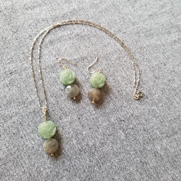 Labradorite and green agate sterling silver gemstone earrings and necklace - Picture 2 of 6
